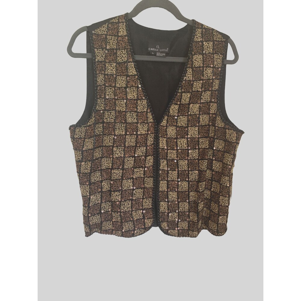 New Vintage Carole Little Bronze and Gold Embroidered Silk Vest Sz L